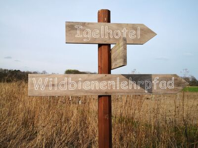 Wegweiser Igelhotel und Wildbienenlehrpfad